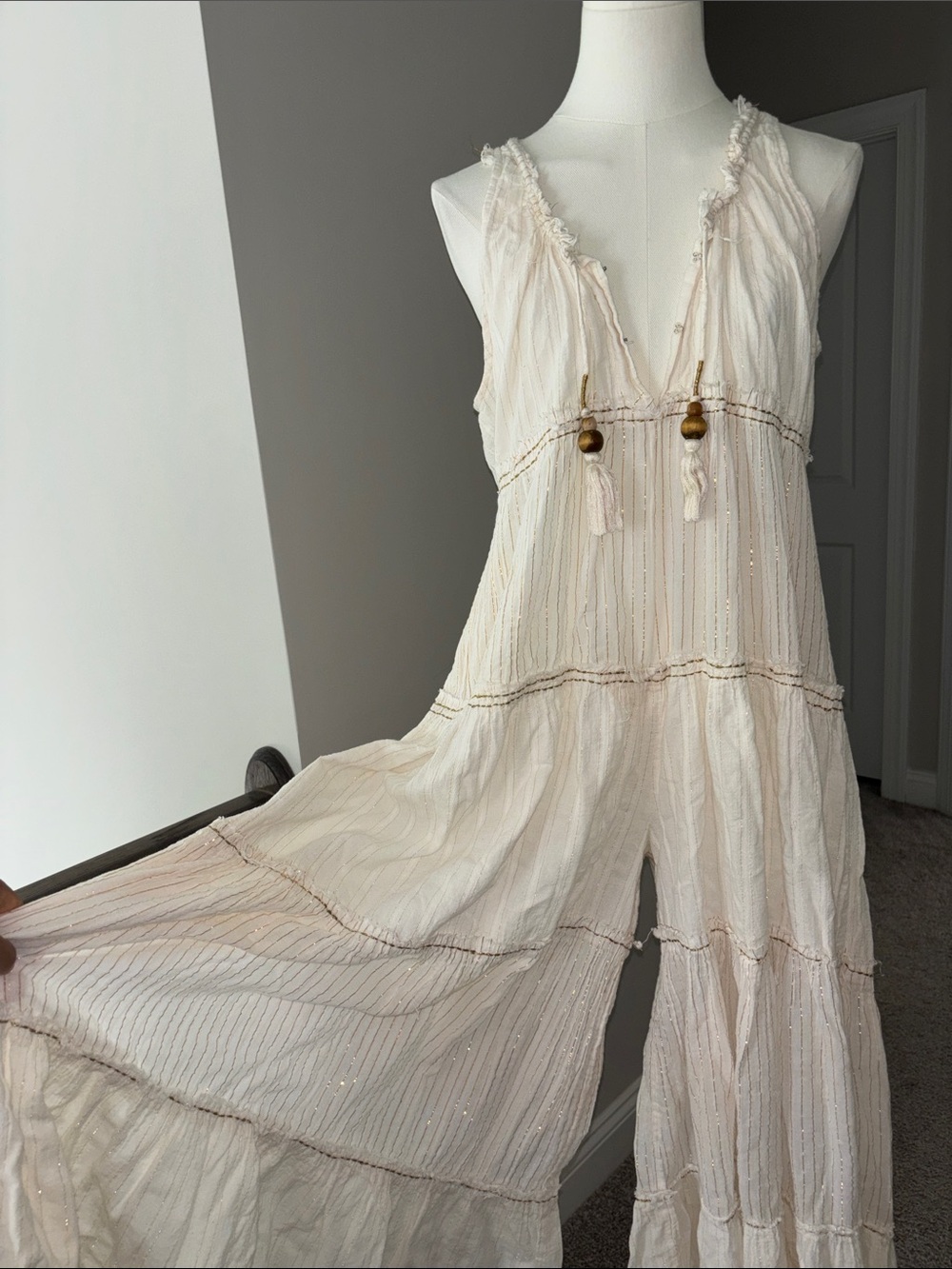 Free People Boho Cream Jumpsuit with Tassel Tie - Picture 2 of 5